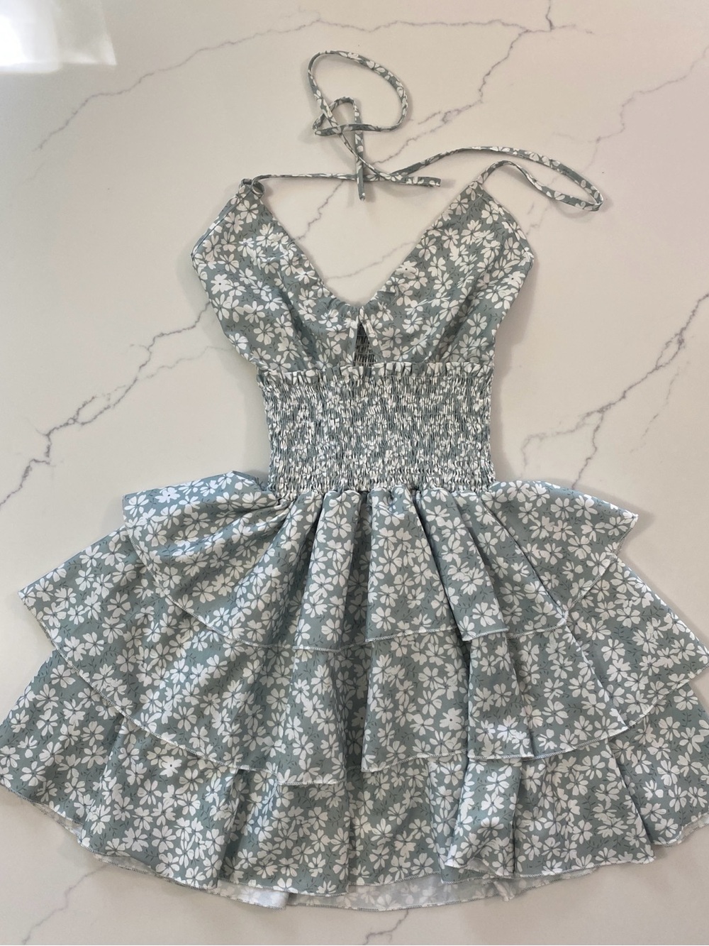 Smocked Halter Floral Mini Dress in Sage Green